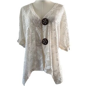 Vintage Crochet Two Button Top Blouse Boho Chic White Size L By Mirror Image
